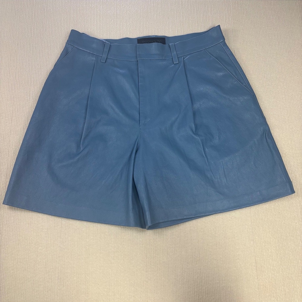 SPRWMN Superwoman Slate Blue 100% Lamb Leather Pleated High Waisted Shorts